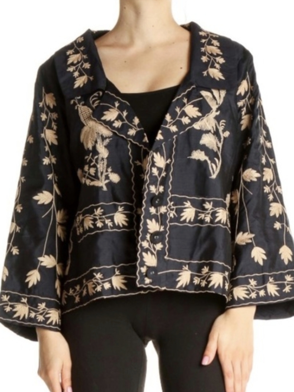 Embroidered Dark Navy & Beige Women's Blazer Jacket